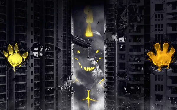 A 4K Ultra HD fantasy Godzilla wallpaper featuring a towering creature with glowing yellow eyes and claws amidst dark, damaged skyscrapers in a dramatic cityscape.