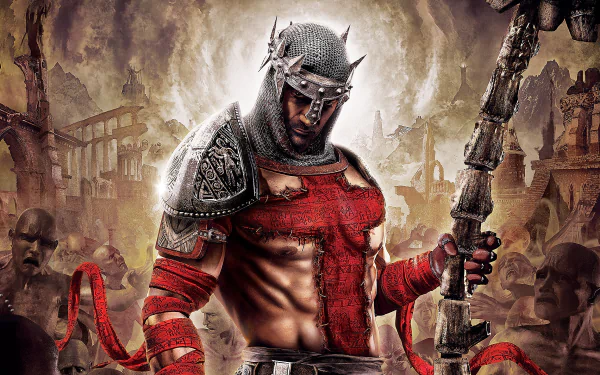 A powerful warrior from Dante's Inferno stands ready for battle, adorned in armor with a backdrop of a dark, chaotic landscape, fitting for a high-definition PC desktop wallpaper.