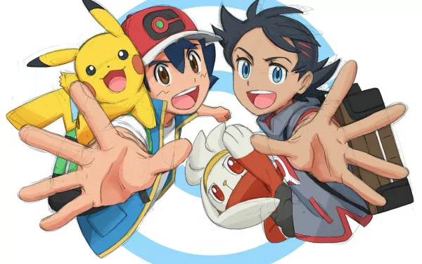 Anime-style HD wallpaper featuring Ash Ketchum and Goh with two-toned and black hair, brown and blue eyes, alongside Pikachu and Raboot, all reaching forward energetically.