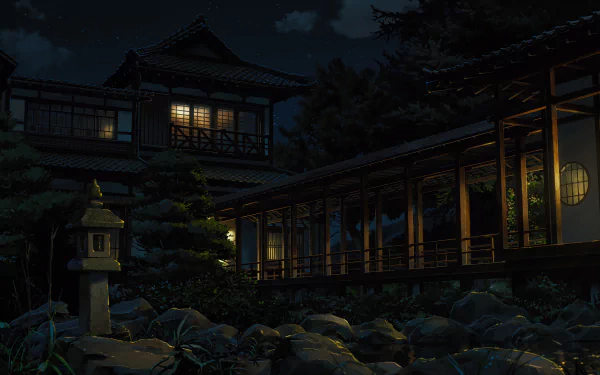 4K Ultra HD anime wallpaper from Your Name., depicting a serene, softly lit traditional Japanese house at night with intricate architectural details.