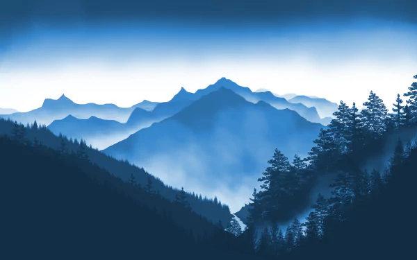 8K Ultra HD vector artwork of a misty forest landscape with layered mountain ranges and tall pine trees under a clear sky.