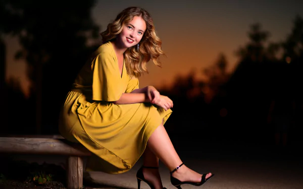 yellow dress depth of field lipstick high heels smile woman model HD Desktop Wallpaper | Background Image