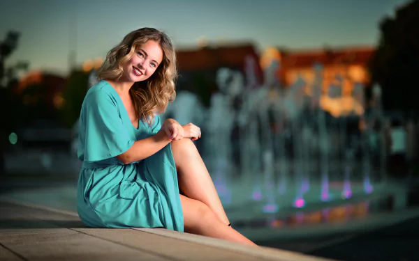 blue dress blue eyes lipstick blonde depth of field smile woman model HD Desktop Wallpaper | Background Image
