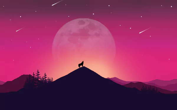 8K Ultra HD artistic landscape of a wolf howling atop a mountain under a glowing moon and shooting stars at night with a vibrant pink and purple sky.