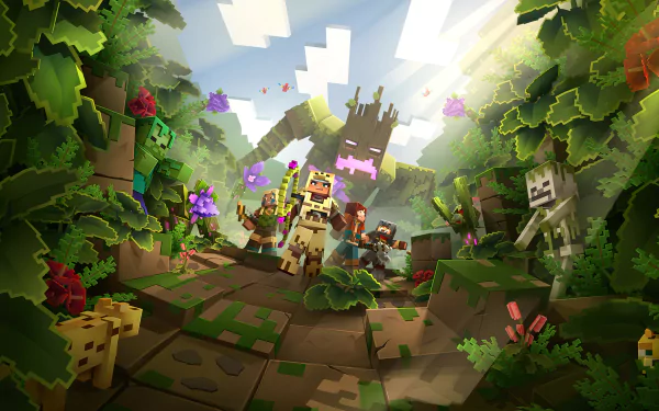 4K Ultra HD Minecraft: Dungeons wallpaper featuring blocky heroes battling a large enemy in a vibrant, pixelated forest environment from the video game Minecraft.