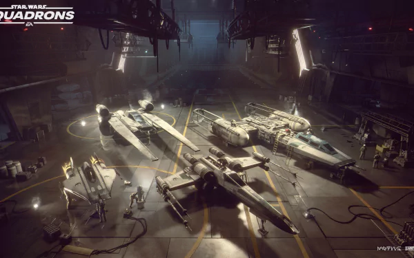 4K Ultra HD Star Wars: Squadrons video game desktop wallpaper featuring detailed X-wing starfighters in a dimly lit hangar on a PC background.