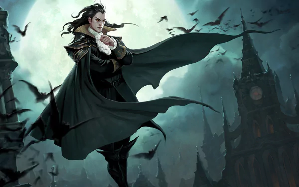 A dark vampire man stands cloaked on a gothic tower under a full moon, surrounded by bats in a detailed Magic: The Gathering 4K Ultra HD wallpaper background.