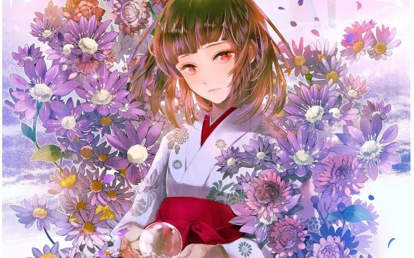 Anime Girl Red Eyes Brown Hair Kimono Flower HD Wallpaper | Background Image