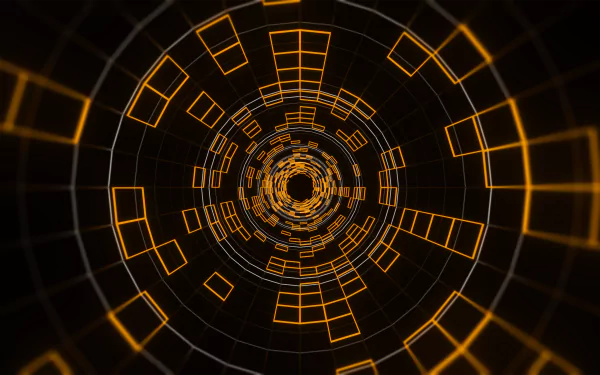 Abstract HD desktop wallpaper featuring an illuminated tunnel with glowing orange squares and geometric patterns.