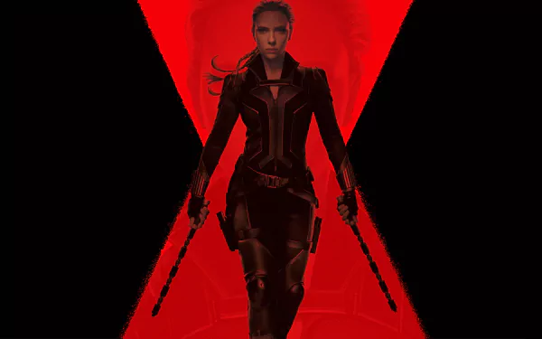 Natasha Romanoff, portrayed by Scarlett Johansson in the movie Black Widow, stands confidently in a striking 8K Ultra HD PC desktop wallpaper background.