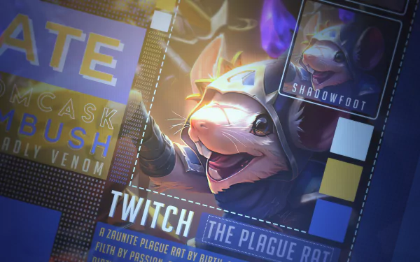 HD wallpaper featuring Twitch from League of Legends, tagged with Piltover & Zaun. The image showcases Twitch, the Plague Rat, with vibrant colors and game-related text in a stylish background.
