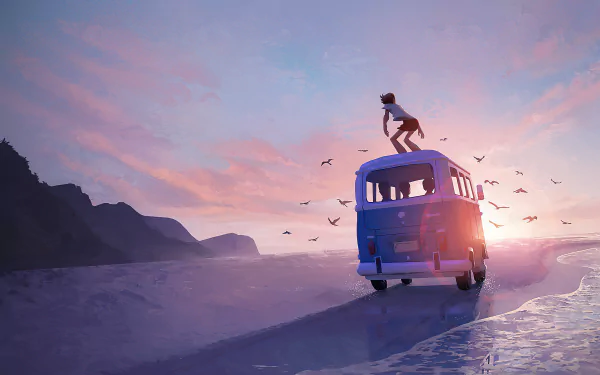 Anime-style 4K Ultra HD beach sunset scene featuring a person standing on a van, with birds flying and mountains silhouetted in the background.