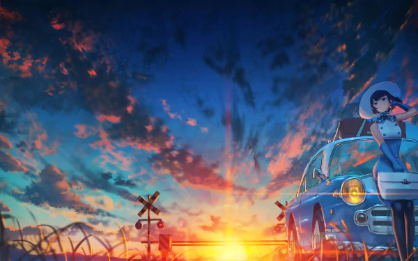 HD desktop wallpaper featuring a serene anime scene with a vibrant sunset, sky, and a vintage car. An anime character in a hat leans against the car, evoking a calm, nostalgic atmosphere.