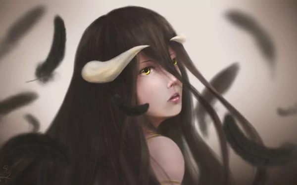 Albedo (Overlord) in a 4K Ultra HD anime portrait: close-up with black hair, horns, golden eyes and drifting dark feathers — PC desktop wallpaper/background.