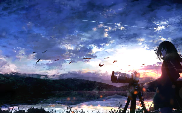 A 4K Ultra HD anime-style sunset scene featuring a figure in uniform photographing nature under a vibrant sky filled with birds and clouds.