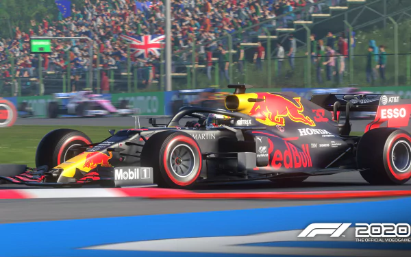 HD desktop wallpaper featuring an F1 2020 racing car speeding on the track with a crowd in the background.