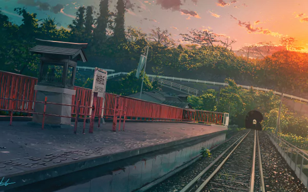 HD desktop wallpaper featuring an anime-style train station at sunset, surrounded by lush greenery and a tunnel in the background.