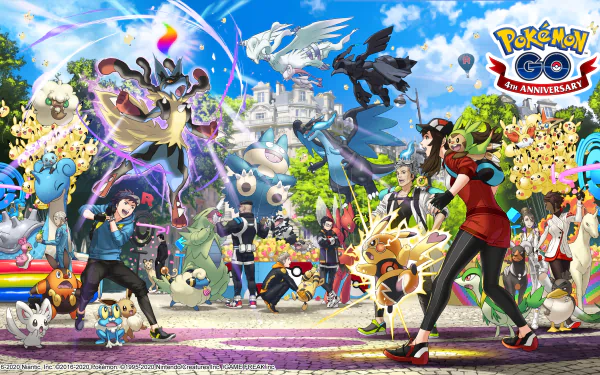 Vibrant Pokemon Go video game 5K Ultra HD PC desktop wallpaper: trainers and dozens of Pokémon in a festive city park with legendary Pokémon soaring overhead.