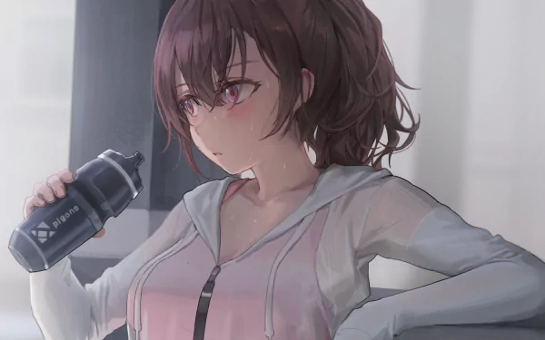 Anime-style original artwork of a brown-haired girl with pink eyes and a ponytail, dressed in fitness wear, holding a water bottle in a softly lit setting.