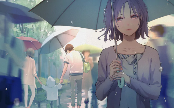 A sad anime girl with short hair stands under an umbrella in the rain, set against a blurred background of people walking, rendered in 4K Ultra HD style.