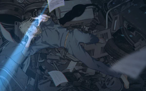 Anime-style original character with short blonde hair illuminated by a blue light, floating amid scattered papers and mechanical debris in a 4K Ultra HD PC desktop wallpaper.