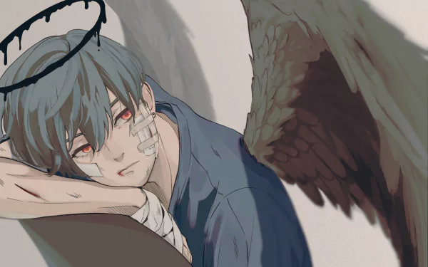 A 4K Ultra HD anime angel with short hair, dark wings, and a somber expression rests, embodying a sad, ethereal atmosphere in this detailed PC wallpaper.