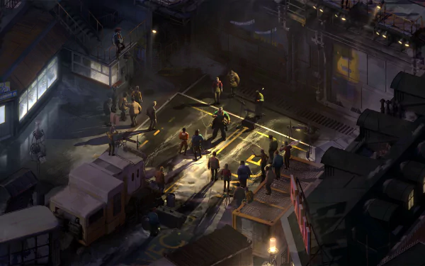 HD wallpaper featuring a scene from Disco Elysium with characters and vehicles in a dimly lit, moody urban setting.