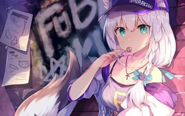 HD PC desktop wallpaper featuring Shirakami Fubuki from Hololive with white hair, aqua eyes, animal ears, a braid, and a cap in vibrant anime style.