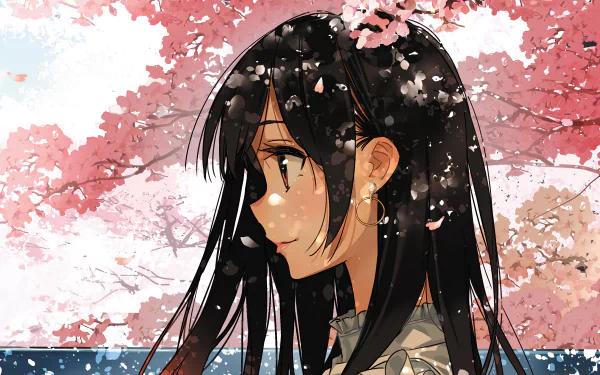HD desktop wallpaper featuring Chizuru Ichinose from the anime Rent-A-Girlfriend, with a background of blooming cherry blossoms.