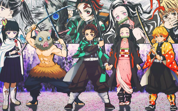 Colorful Demon Slayer: Kimetsu no Yaiba HD desktop wallpaper featuring characters Nezuko Kamado, Inosuke Hashibira, Zenitsu Agatsuma, Tanjiro Kamado, and Kanao Tsuyuri.