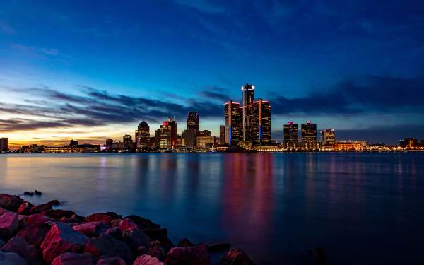 skyscraper night Michigan building stone river man made Detroit HD Desktop Wallpaper | Background Image