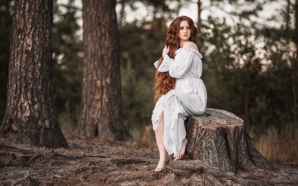 redhead long hair white dress barefoot woman model HD Desktop Wallpaper | Background Image