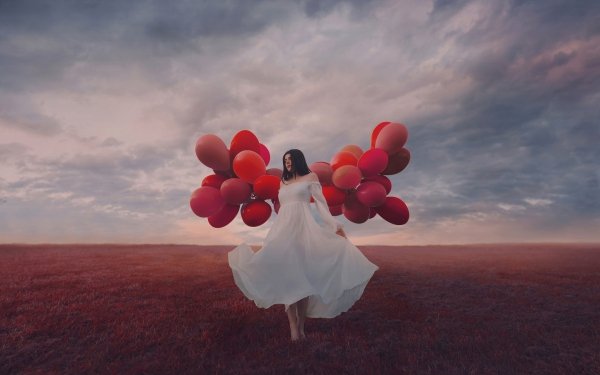 Women Mood Field Sky Balloon Dress HD Wallpaper | Background Image