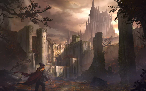 HD PC desktop wallpaper depicting a gothic Castlevania-style fantasy city with a towering castle under a moody sky.