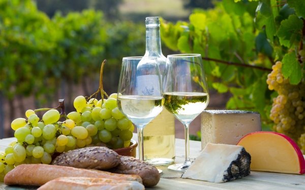 Food Still Life Wine Cheese Glasses Grapes Bread HD Wallpaper | Background Image