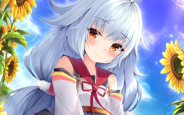 Anime-style portrait of Nicholas from Azur Lane with long white hair and yellow eyes, set against a vibrant background with sunflowers in 4K Ultra HD.