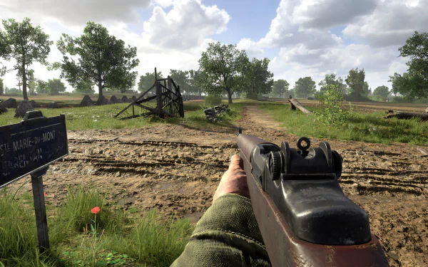 HD desktop wallpaper featuring a first-person view from the game Hell Let Loose, with a focus on a rifle and a muddy battlefield setting.