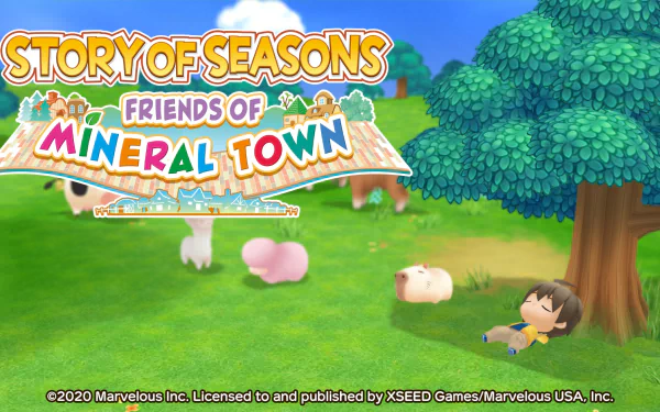 HD desktop wallpaper for Story of Seasons: Friends of Mineral Town featuring a character laying in a lush, green meadow with animals.