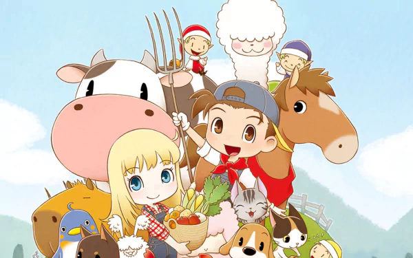 HD desktop wallpaper featuring characters and animals from Story of Seasons: Friends of Mineral Town on a light blue background.