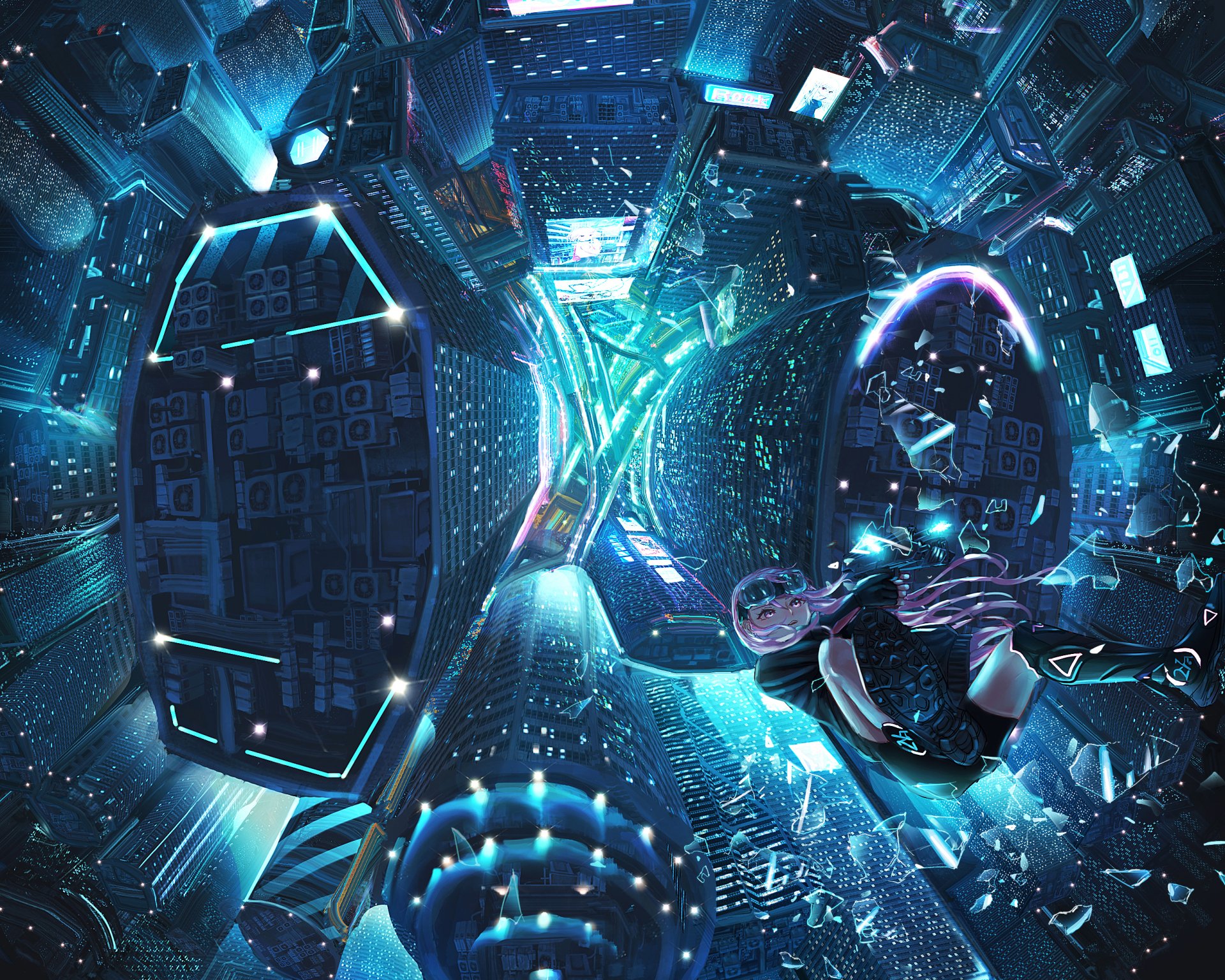 Anime-style pink-haired figure falling through a glowing futuristic cityscape at night, surrounded by towering skyscrapers in a vivid, high-definition scene.