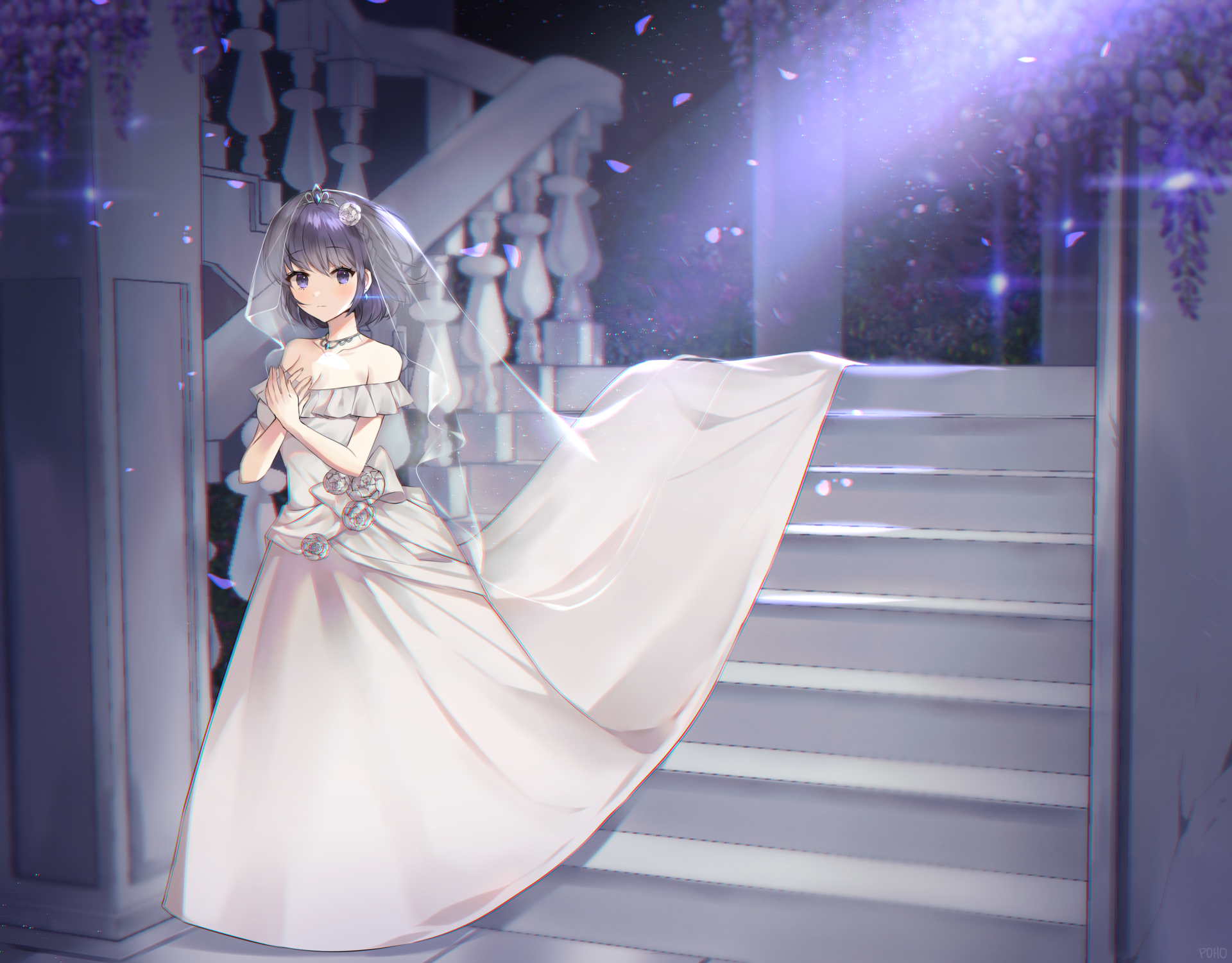 Anime girl with short purple hair and purple eyes wearing a flowing white wedding dress stands gracefully by a grand staircase in this HD desktop wallpaper.