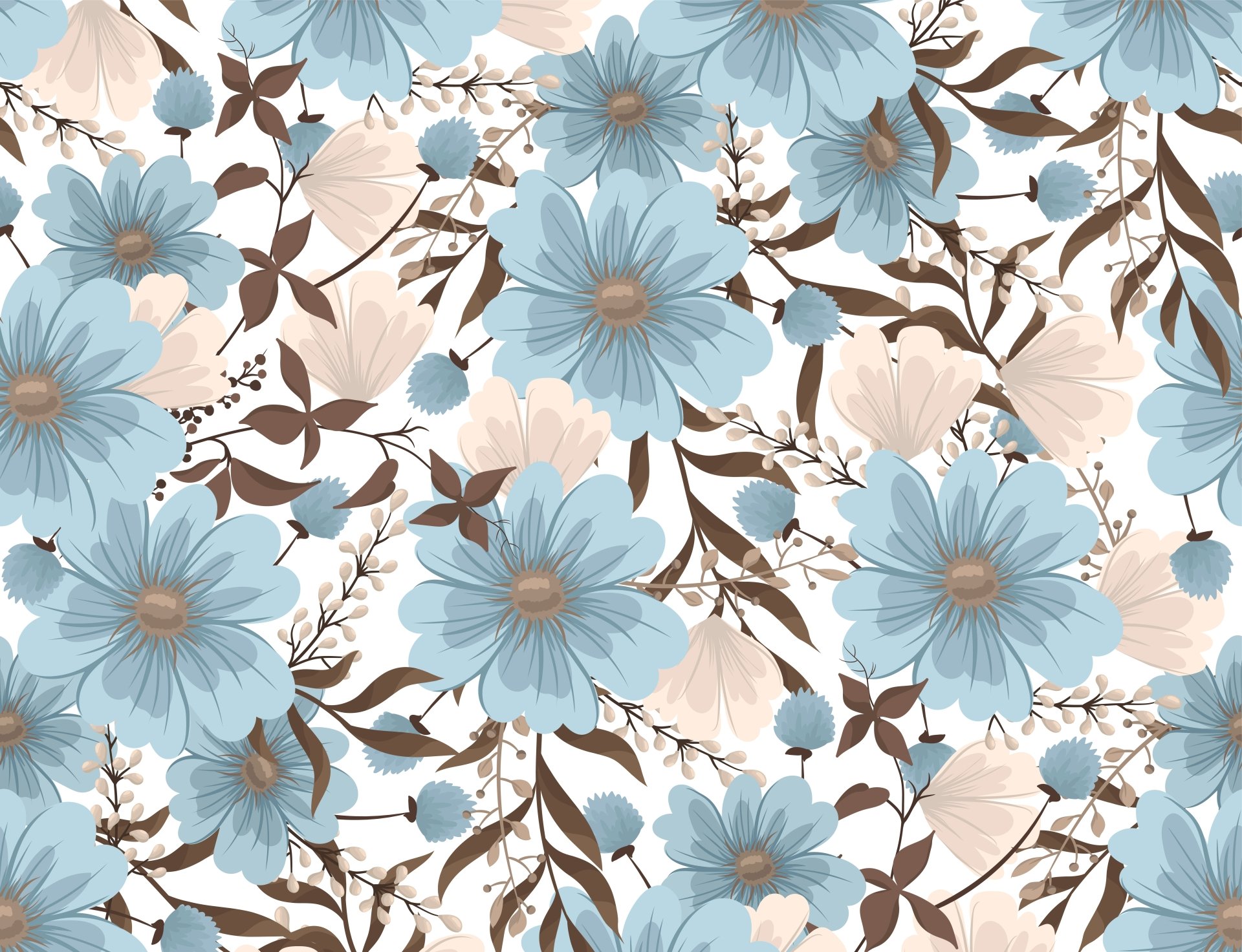 Artistic 8K Ultra HD PC desktop wallpaper/background of repeating blue and cream flowers with brown leaves in a delicate botanical pattern.