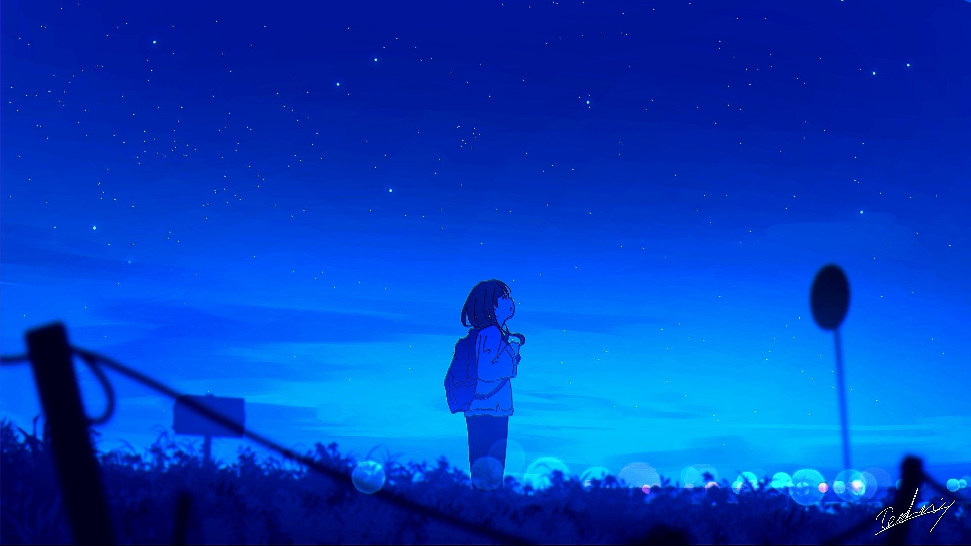 HD anime original desktop wallpaper of a solitary figure standing under a starry blue night sky, surrounded by glowing flowers and silhouetted street signs.