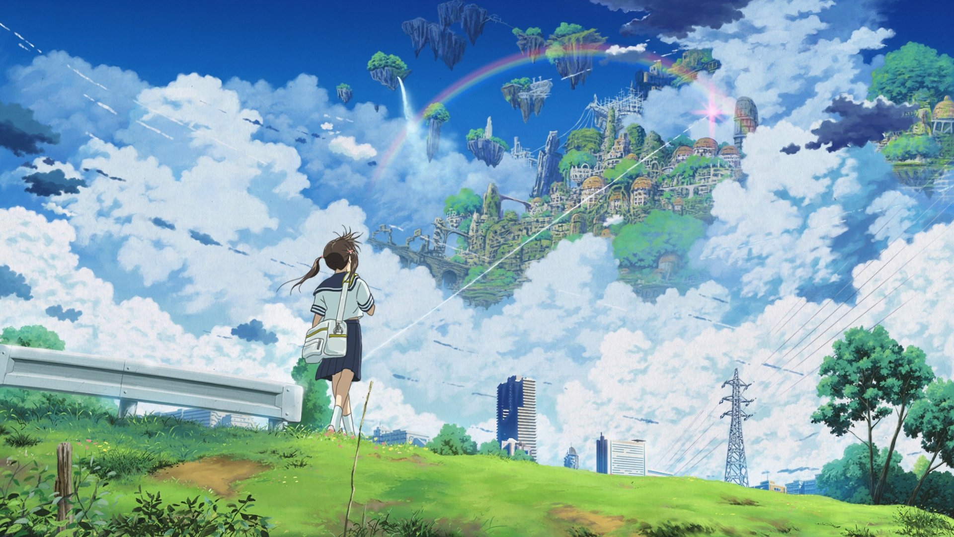 HD Anime desktop wallpaper featuring a vibrant sky with fluffy clouds and a floating city. A figure stands in a grassy field looking up, with a rainbow arching over the scene. 