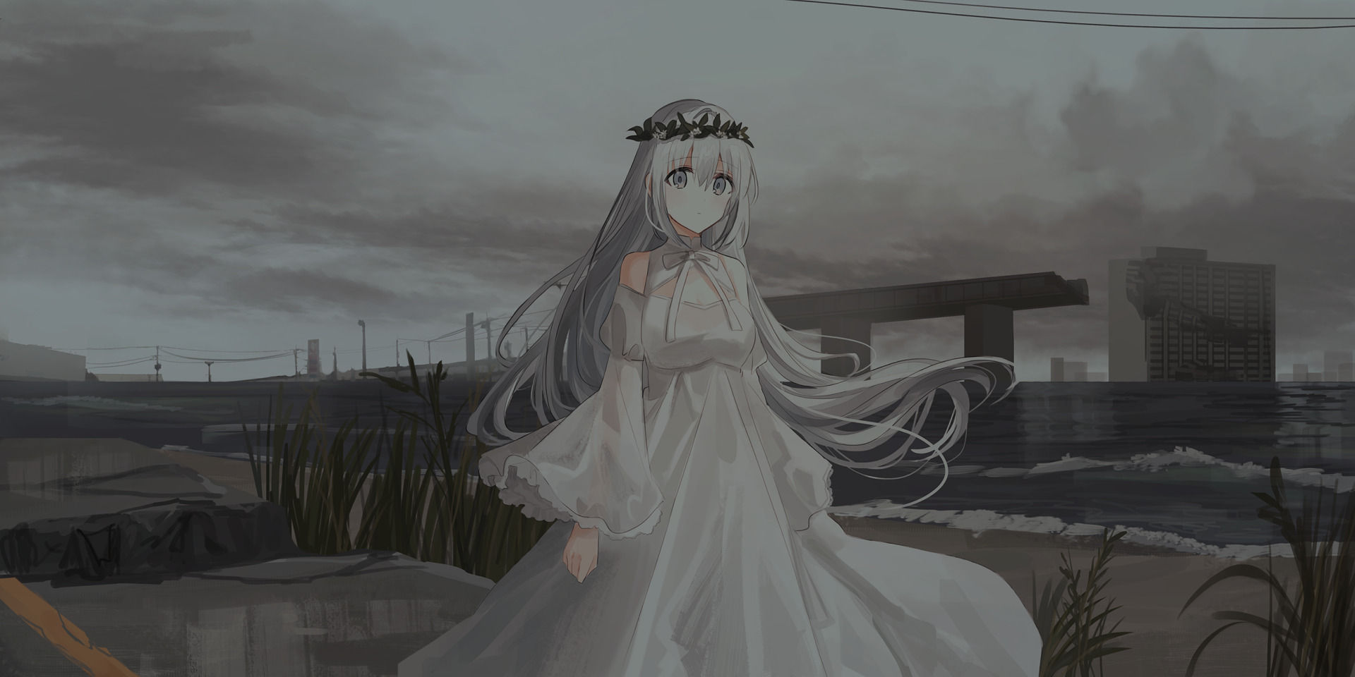 HD anime-style original artwork featuring a serene girl in a flowing white dress and flower crown against a moody, industrial background, designed as a PC desktop wallpaper.