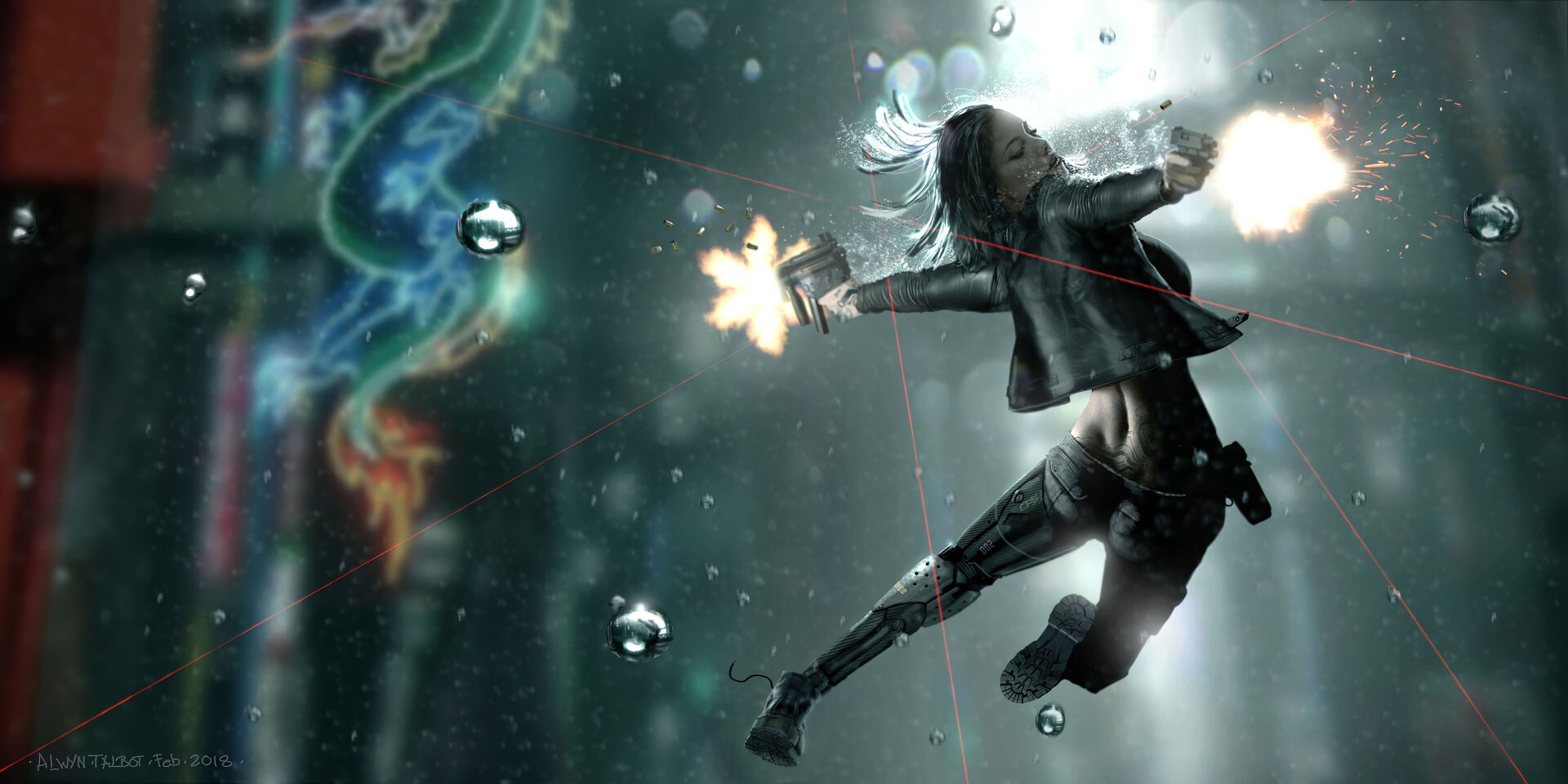 HD PC desktop wallpaper featuring a sci-fi woman warrior in mid-air, firing dual guns amid glowing laser beams and futuristic elements.