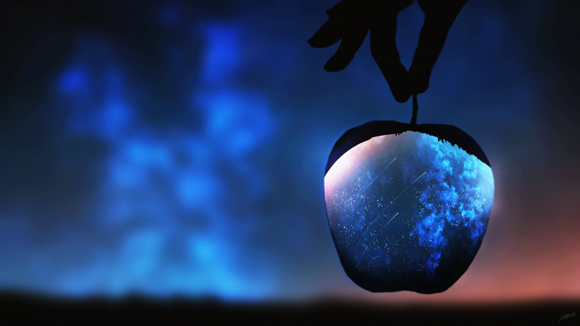 A fantasy-themed 4K Ultra HD wallpaper featuring a glowing apple held against a vibrant, mysterious sky background.
