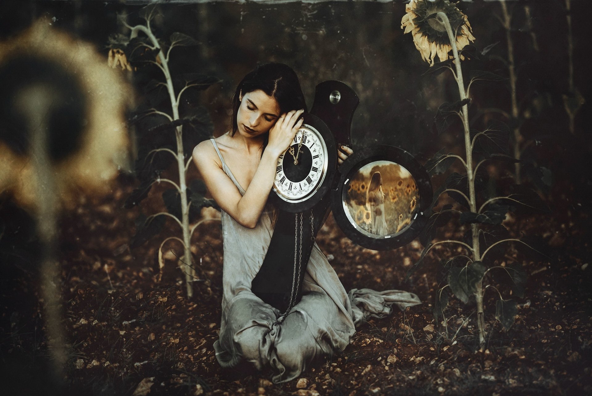 Download Clock Mirror Sunflower Marta Belda Woman Mood HD Wallpaper