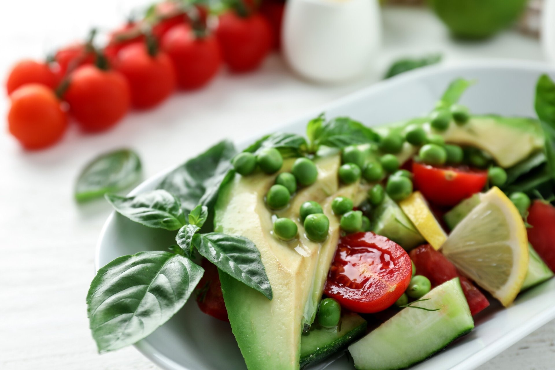 Download Basil Avocado Tomato Cucumber Pea Lemon Food Salad HD Wallpaper