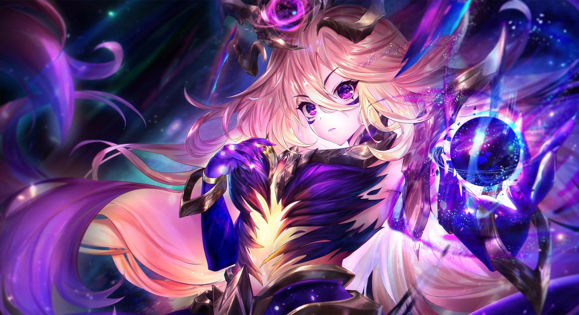 HD desktop wallpaper featuring Lux from the video game League of Legends, showcasing her glowing magical powers in vibrant purple and gold hues.